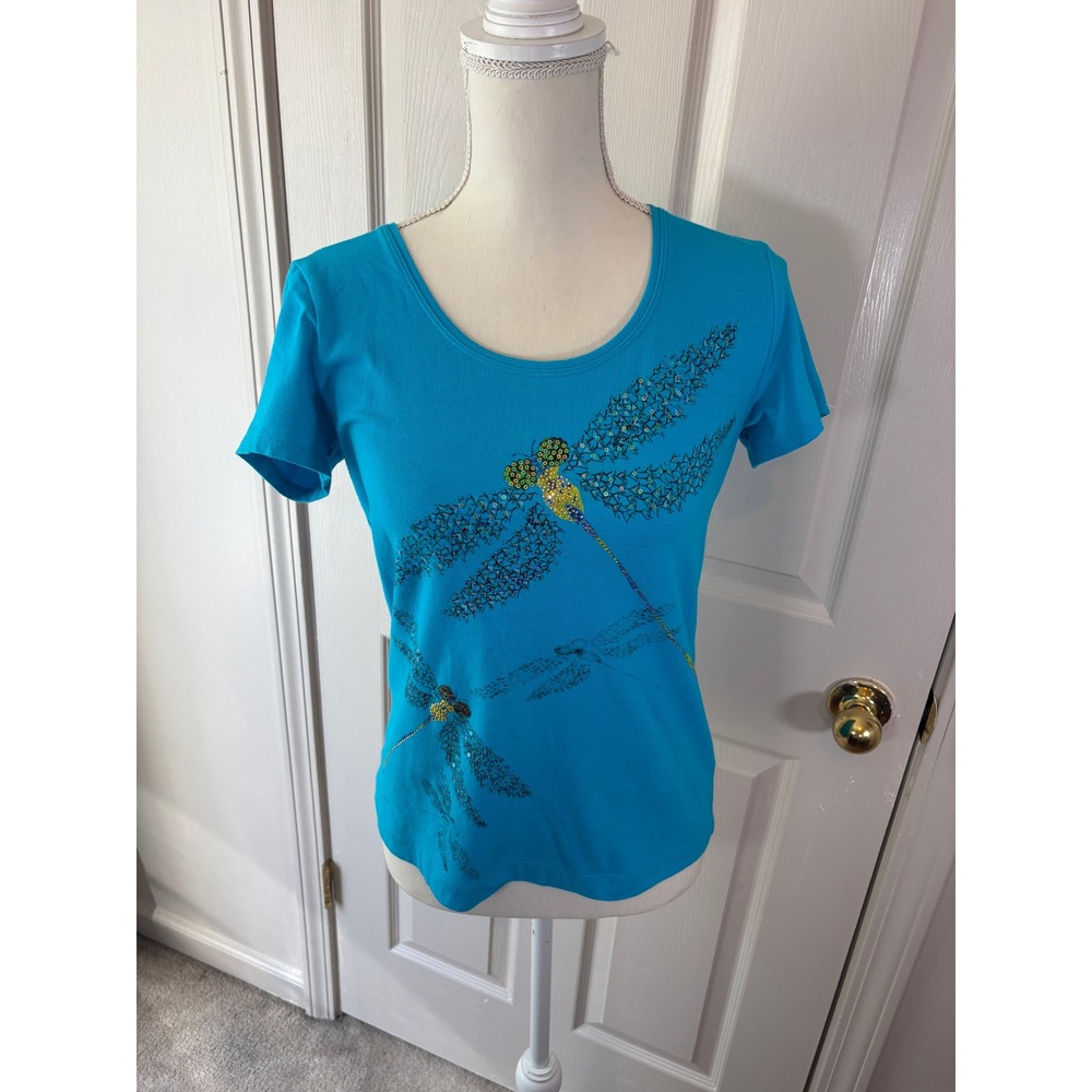 Chicos Dragonfly Line Blue Sequin Top Y2K Fairy Short Sleeve Tee Size 0 XS